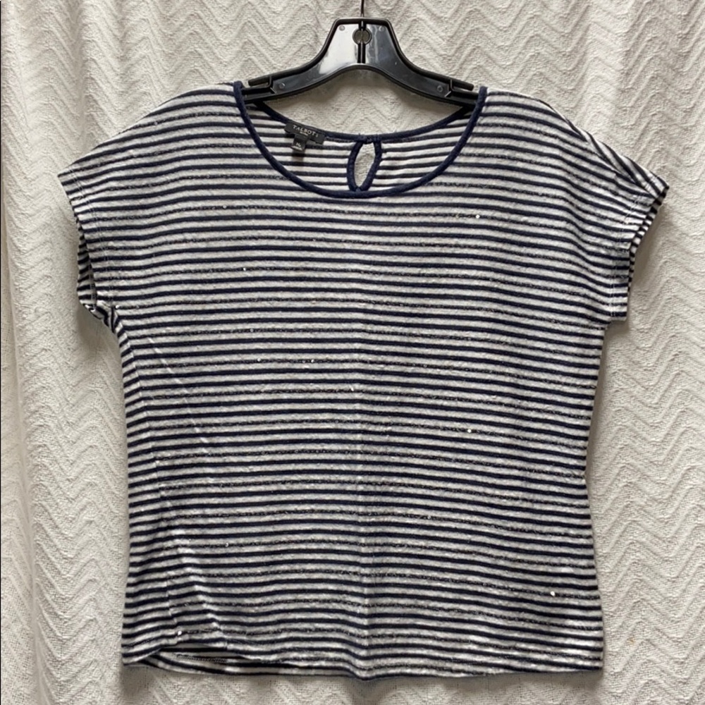 Talbots blue and white striped sequined medium top